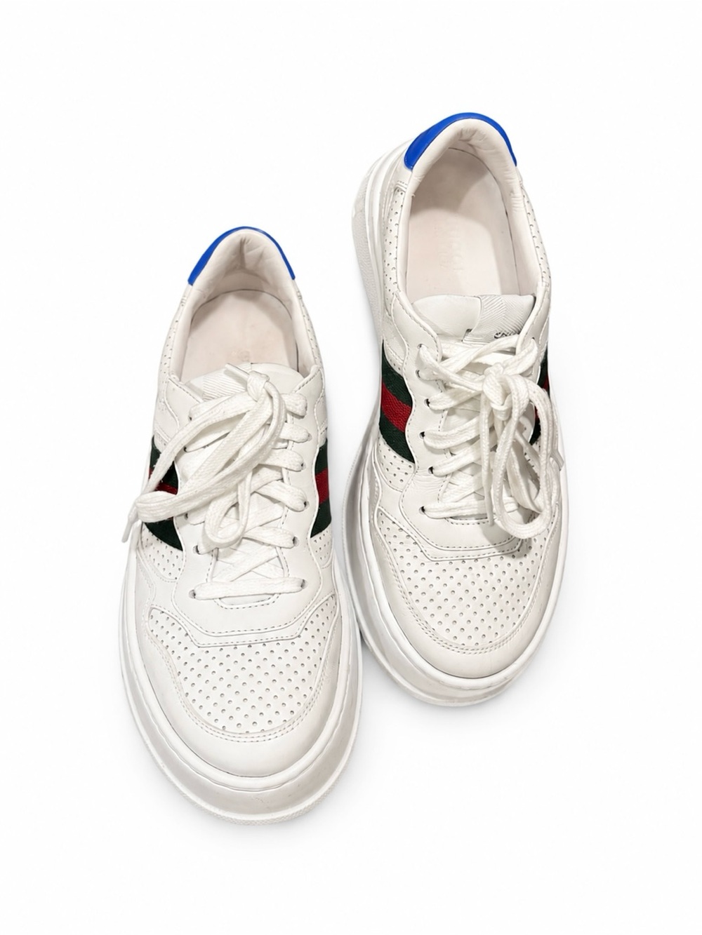 Gucci White Leather Platform Sneaker with Green and Red Web and Blue Heel - Picture 10 of 13